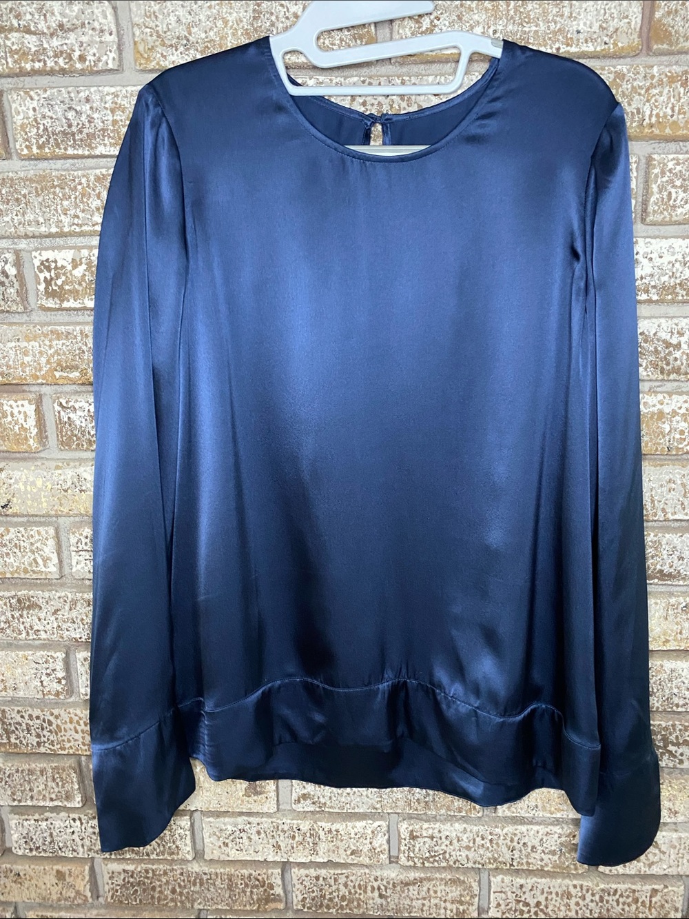 FWSS Women's Navy Silk Long-Sleeve Blouse - Classic Elegant Top